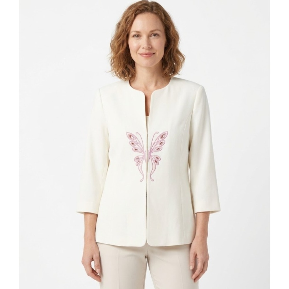Bob Mackie White Pink Butterfly Embroidered Closure Jacket size Large